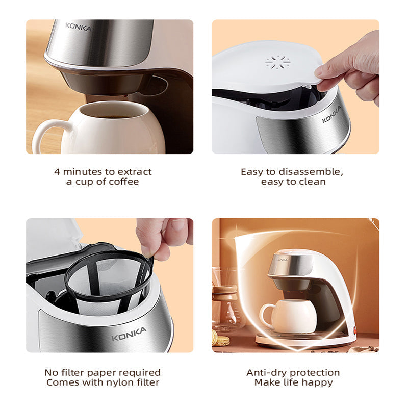 "Kompakte Mini Kaffeemaschine in Weiß mit kostenfreier Keramiktasse für stilvollen Kaffeegenuss, ideal für kleinen Raum."