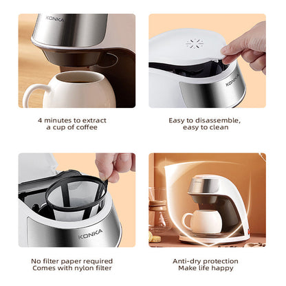 "Kompakte Mini Kaffeemaschine in Weiß mit kostenfreier Keramiktasse für stilvollen Kaffeegenuss, ideal für kleinen Raum."