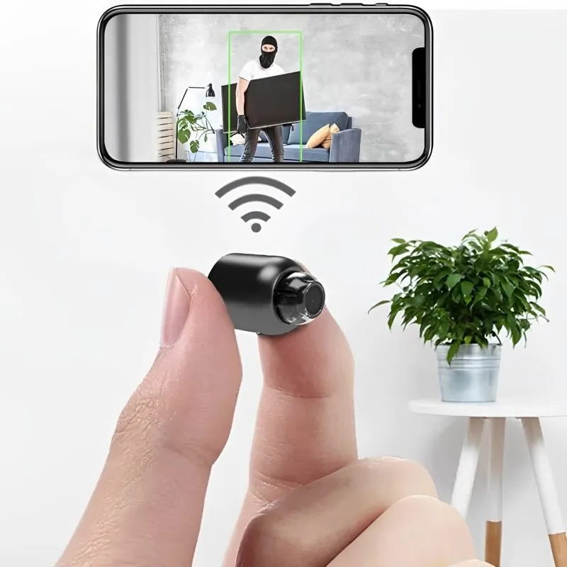 "Kompakte schwarze Mini 5G Wireless Wifi Kamera mit HD 1080p, bietet breites 140° Sichtfeld und Nachtsicht."