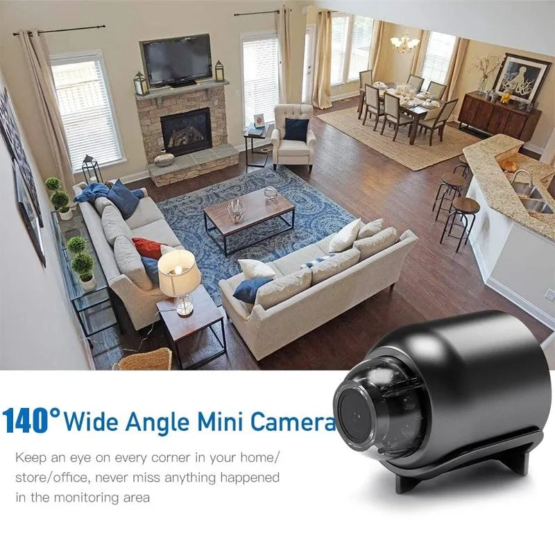 "Kompakte schwarze Mini 5G Wireless Wifi Kamera mit HD 1080p, bietet breites 140° Sichtfeld und Nachtsicht."
