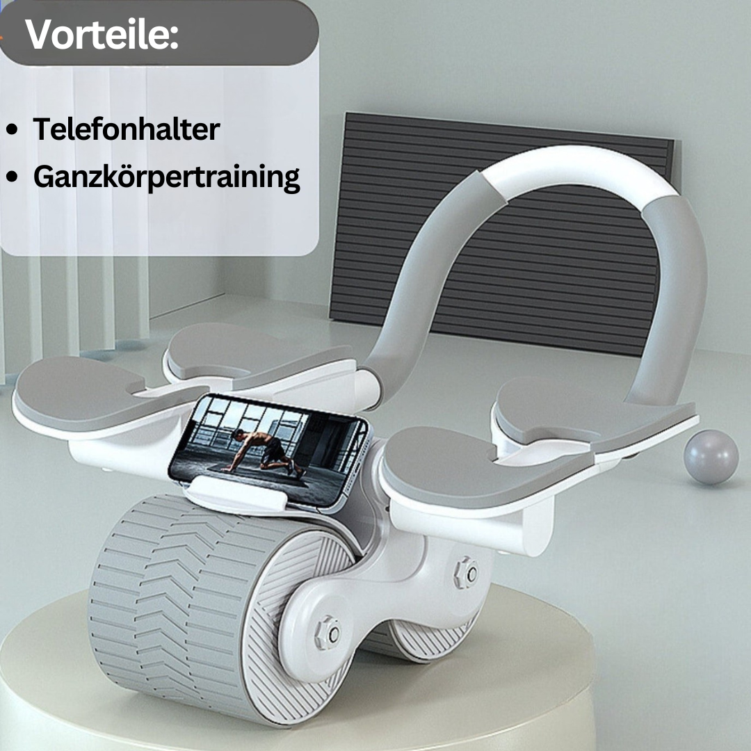 Kompakter Bauchmuskeltrainer für Heimtraining, schwarzer Rollentrainer mit Schaumgriffen, effizientes Core-Workout.