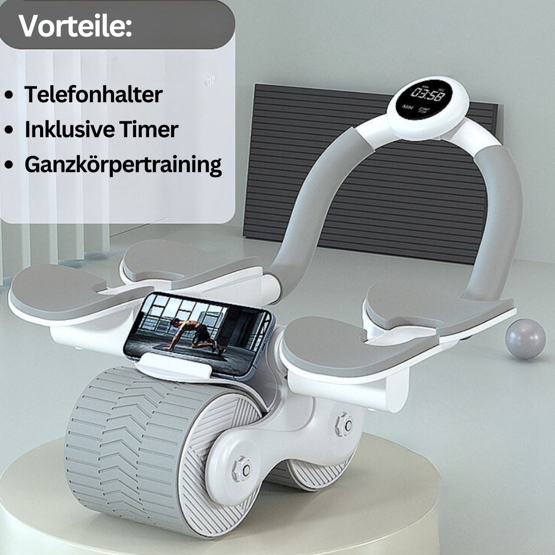 Kompakter Bauchmuskeltrainer für Heimtraining, schwarzer Rollentrainer mit Schaumgriffen, effizientes Core-Workout.