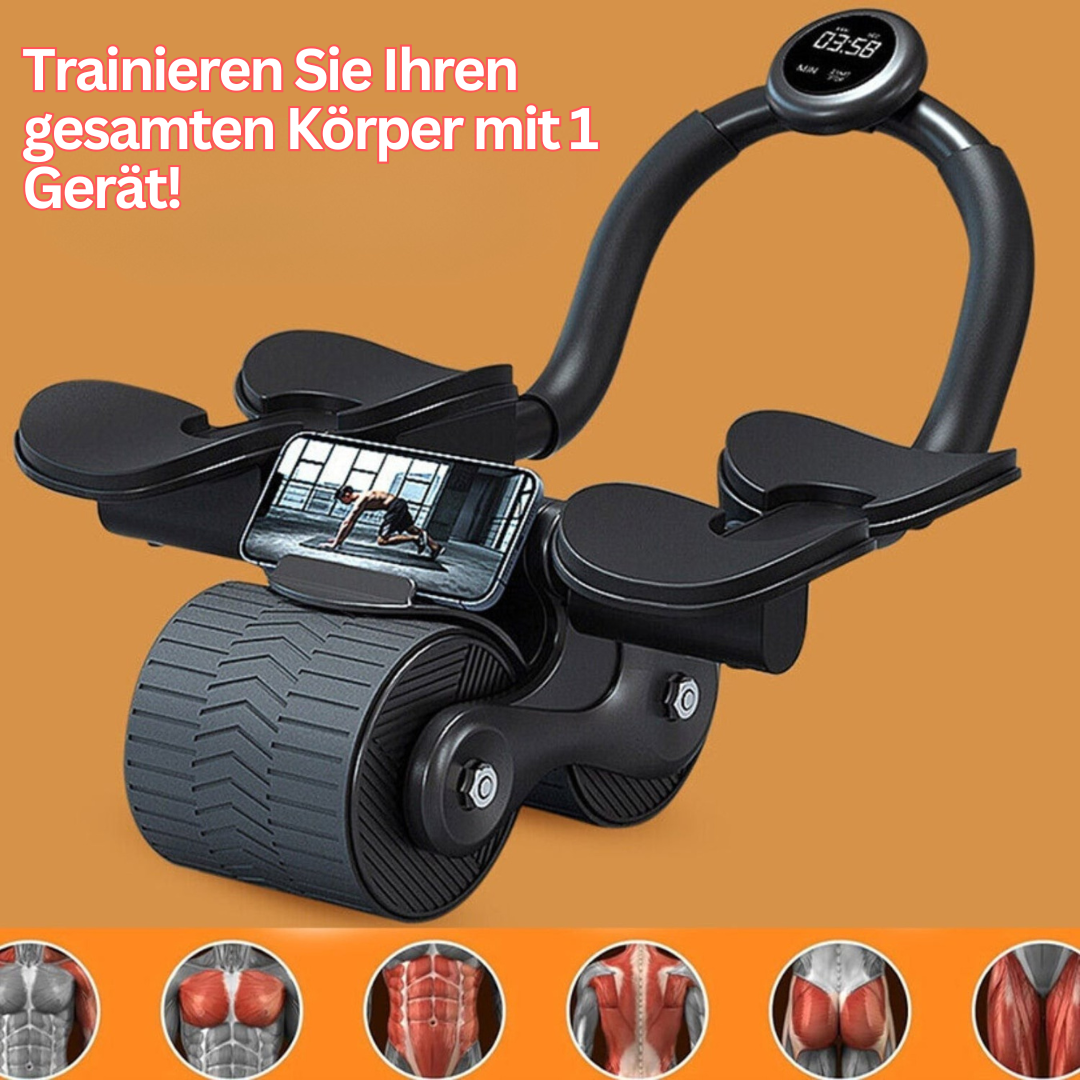 Kompakter Bauchmuskeltrainer für Heimtraining, schwarzer Rollentrainer mit Schaumgriffen, effizientes Core-Workout.