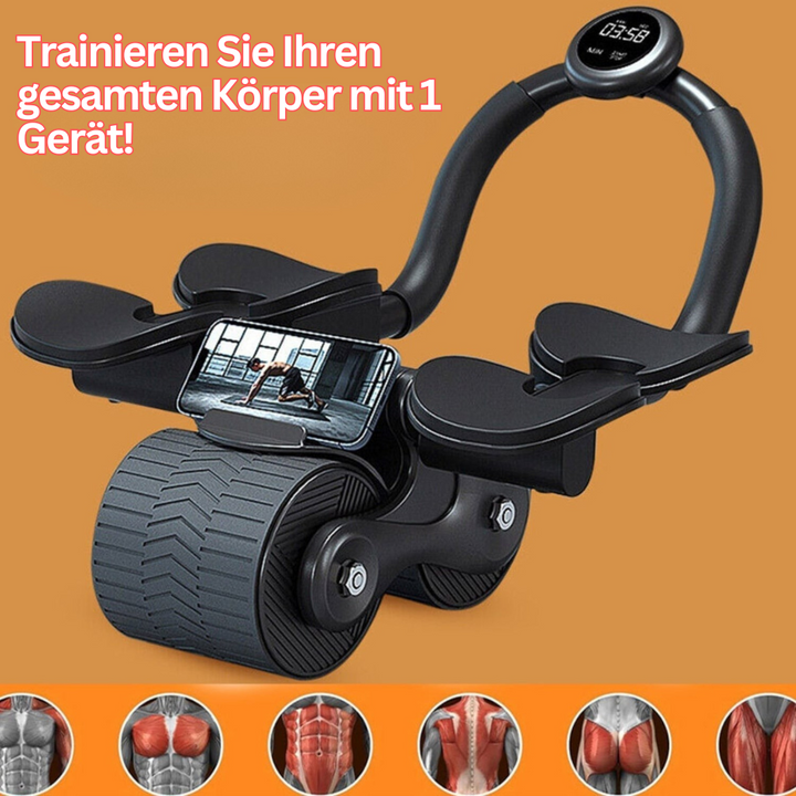 Kompakter Bauchmuskeltrainer für Heimtraining, schwarzer Rollentrainer mit Schaumgriffen, effizientes Core-Workout.