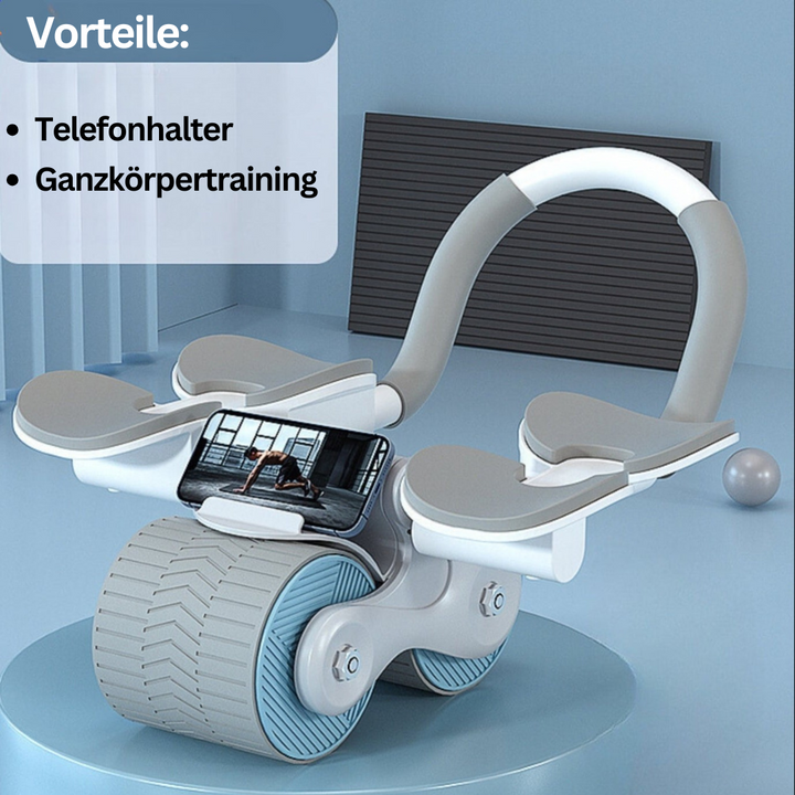 Kompakter Bauchmuskeltrainer für Heimtraining, schwarzer Rollentrainer mit Schaumgriffen, effizientes Core-Workout.