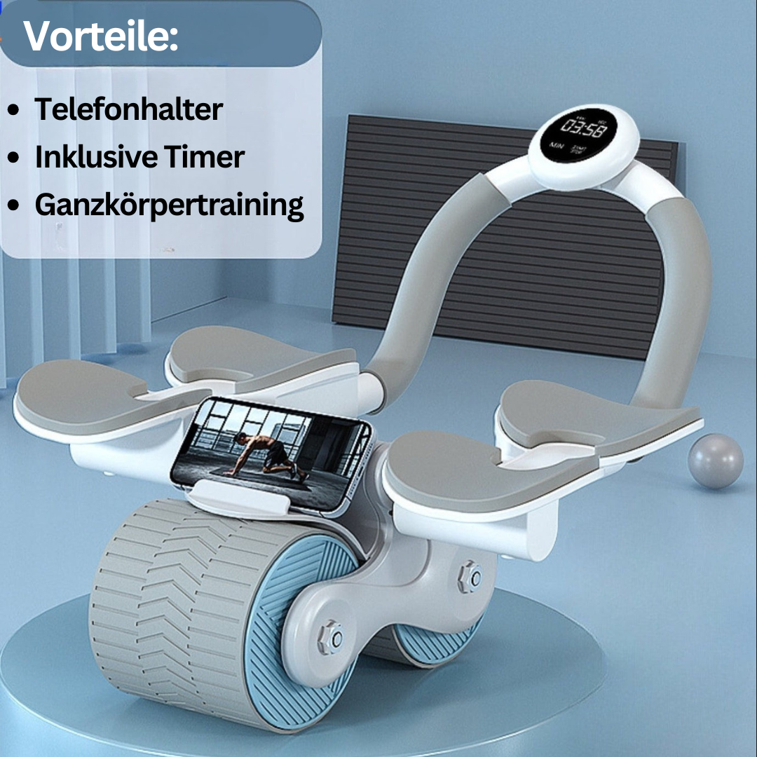 Kompakter Bauchmuskeltrainer für Heimtraining, schwarzer Rollentrainer mit Schaumgriffen, effizientes Core-Workout.