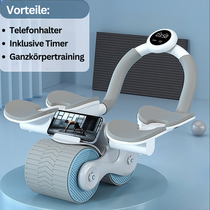 Kompakter Bauchmuskeltrainer für Heimtraining, schwarzer Rollentrainer mit Schaumgriffen, effizientes Core-Workout.