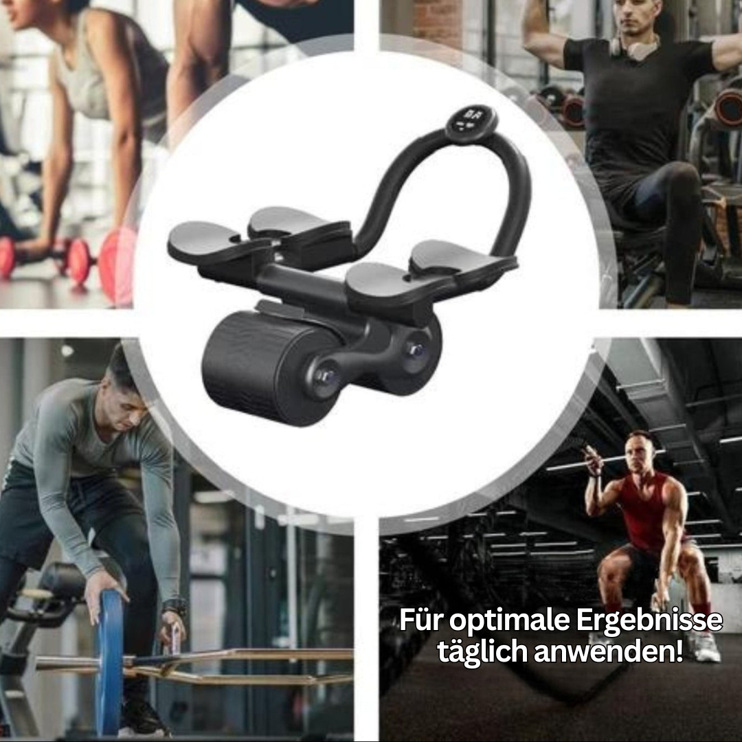 Kompakter Bauchmuskeltrainer für Heimtraining, schwarzer Rollentrainer mit Schaumgriffen, effizientes Core-Workout.