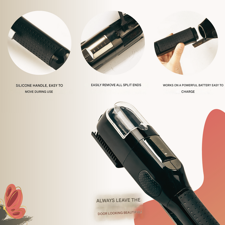 Kompakter, ergonomischer Splissentferner für glänzendes Haar, ideal für müheloses Trimmen gespaltenen Spitzen zuhause.