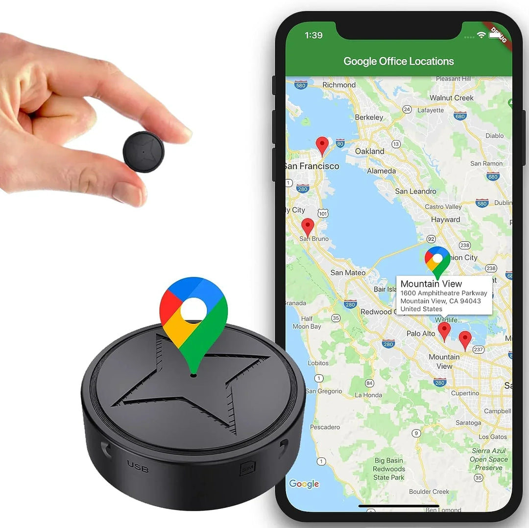 Kompakter, magnetischer GPS-Tracker, schwarz, Ø 4 cm, für Echtzeit-Ortung von Fahrzeugen und Wertsachen.