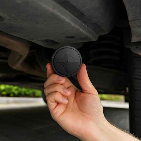 Kompakter, magnetischer GPS-Tracker, schwarz, Ø 4 cm, für Echtzeit-Ortung von Fahrzeugen und Wertsachen.