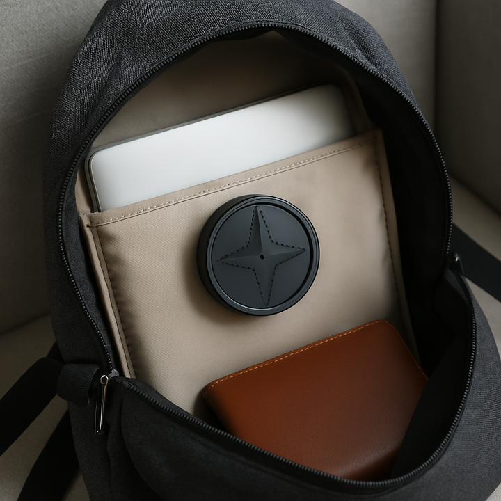 Kompakter, magnetischer GPS-Tracker, schwarz, Ø 4 cm, für Echtzeit-Ortung von Fahrzeugen und Wertsachen.