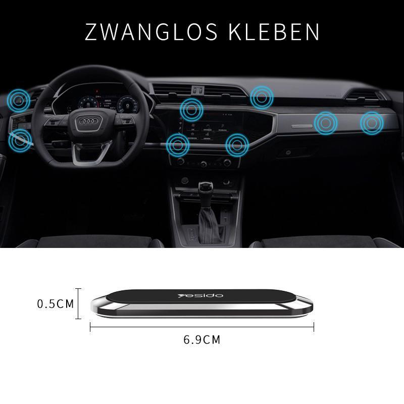"Kompakter magnetischer Telefonhalter an Armaturenbrett, montagefrei, starke Magnetkraft für sicheres Smartphone-Halten."