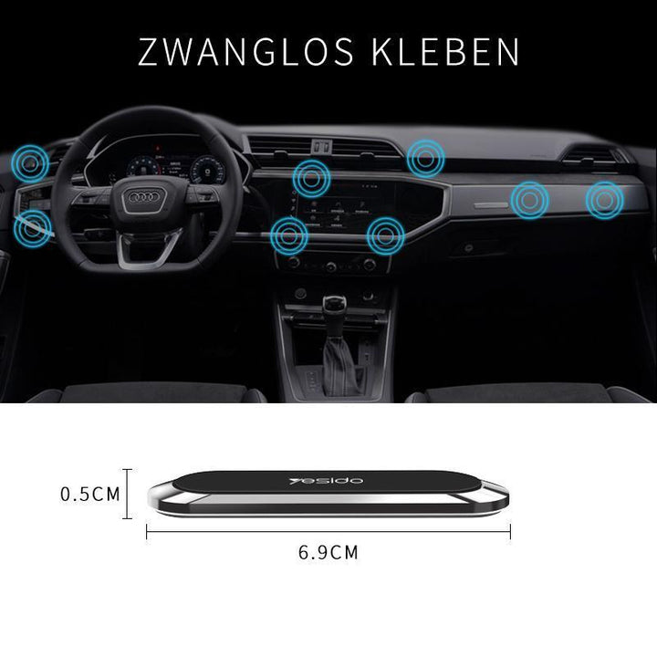 "Kompakter magnetischer Telefonhalter an Armaturenbrett, montagefrei, starke Magnetkraft für sicheres Smartphone-Halten."