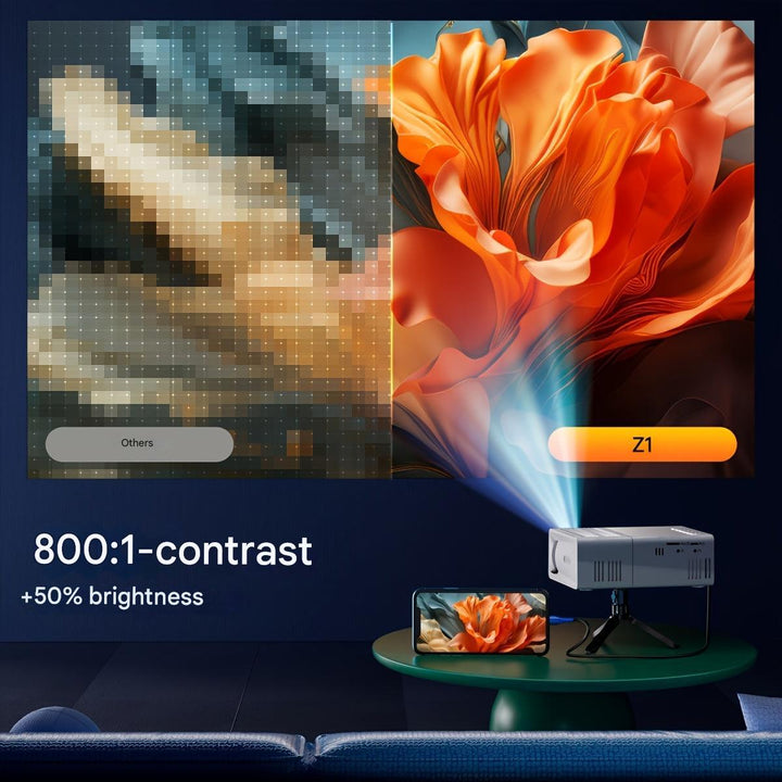 "Kompakter Mini-Projektor mit 3000 Lumen Helligkeit, ideal für Heimkino und Präsentationen, in schlankem Design."