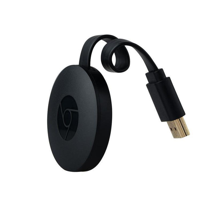 "Kompakter runder Chromecast für drahtloses Streaming, HDMI-Anschluss, kompatibel mit iPhone, Android, Mac und Windows."