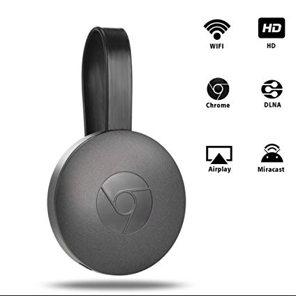 "Kompakter runder Chromecast für drahtloses Streaming, HDMI-Anschluss, kompatibel mit iPhone, Android, Mac und Windows."