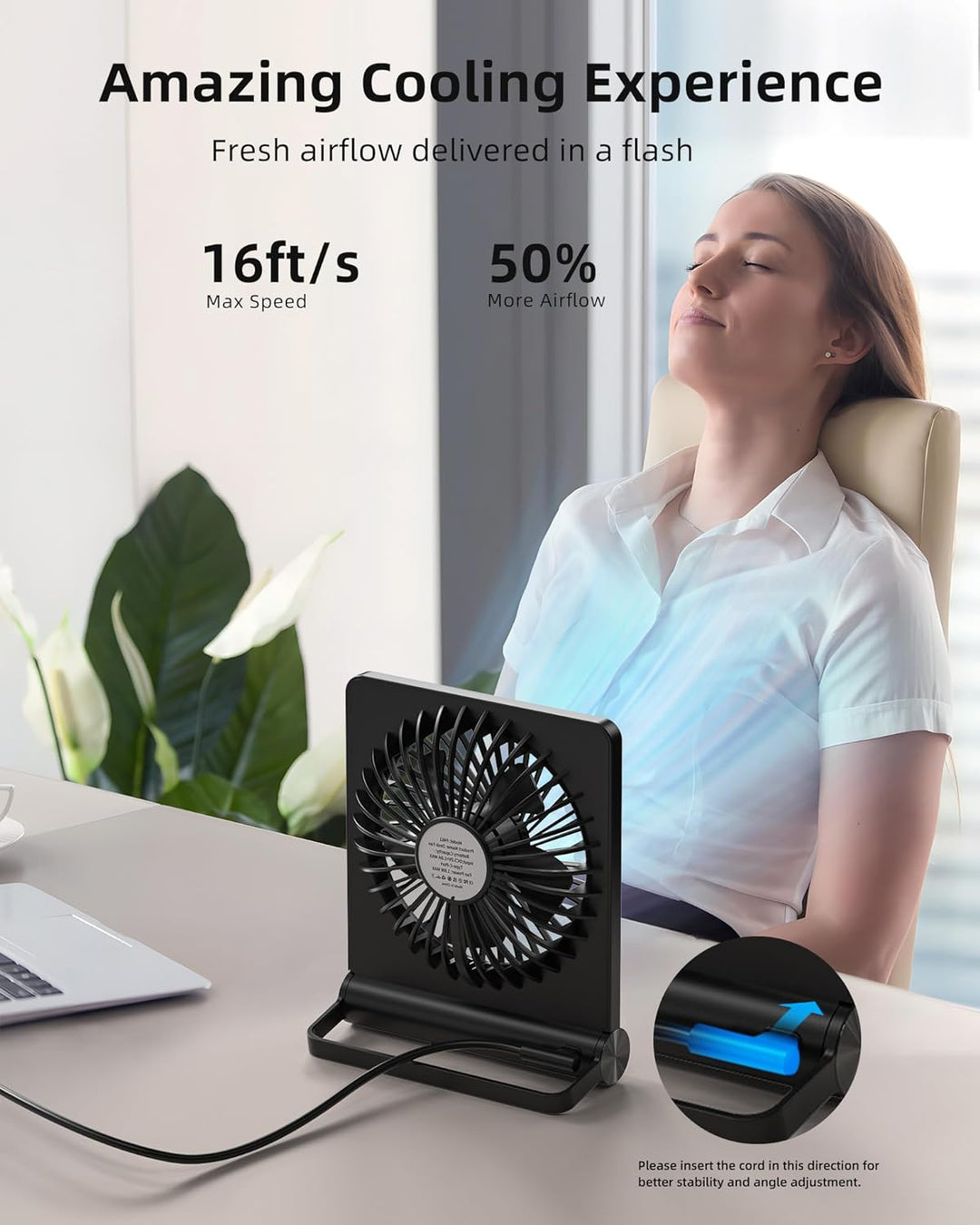 "Kompakter Tischventilator; leise Kühle für Zuhause, modernes Design, USB-betrieben, ideal für Schreibtisch."