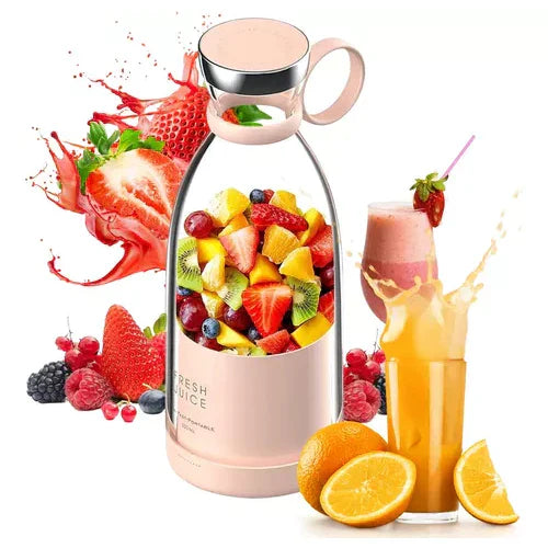 Kompakter tragbarer Smoothie-Mixer mit integriertem Fruchtbehälter und Trinkverschluss, ideal für gesunde Smoothies unterwegs