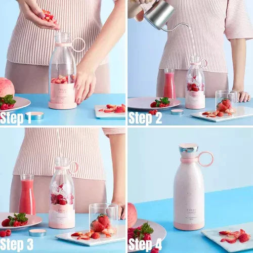 Kompakter tragbarer Smoothie-Mixer mit integriertem Fruchtbehälter und Trinkverschluss, ideal für gesunde Smoothies unterwegs