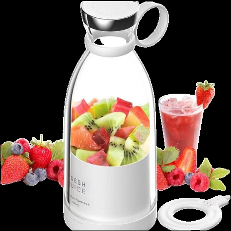 Kompakter tragbarer Smoothie-Mixer mit integriertem Fruchtbehälter und Trinkverschluss, ideal für gesunde Smoothies unterwegs