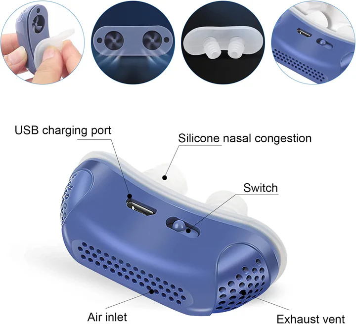 "Kompaktes Micro CPAP-Gerät aus Silikagel, tragbar, USB-aufladbar, ideal zur Schnarchreduktion und für Reisen geeignet."