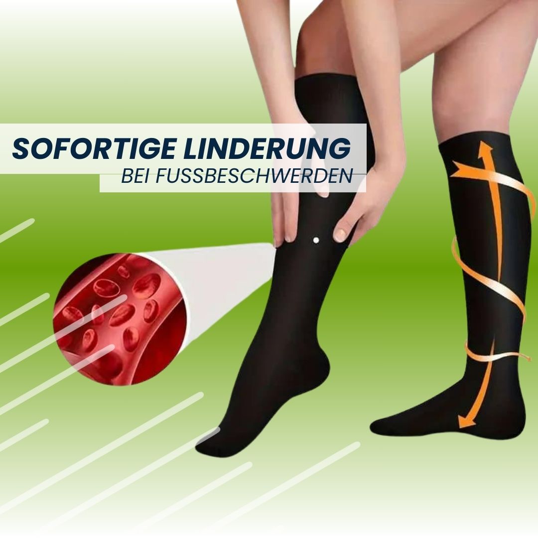 Kompressionsstrümpfe für Damen in Hautfarbe, elastisch mit gezielter Kompression zur Linderung von Fersen- und Fußschmerzen.