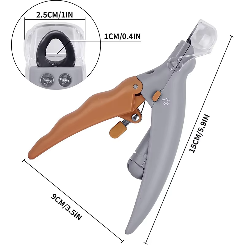 Krallenschneider mit LED-Licht und Vergrößerungsglas für präzise Haustierpflege, Edelstahlklingen, ergonomisches Design.