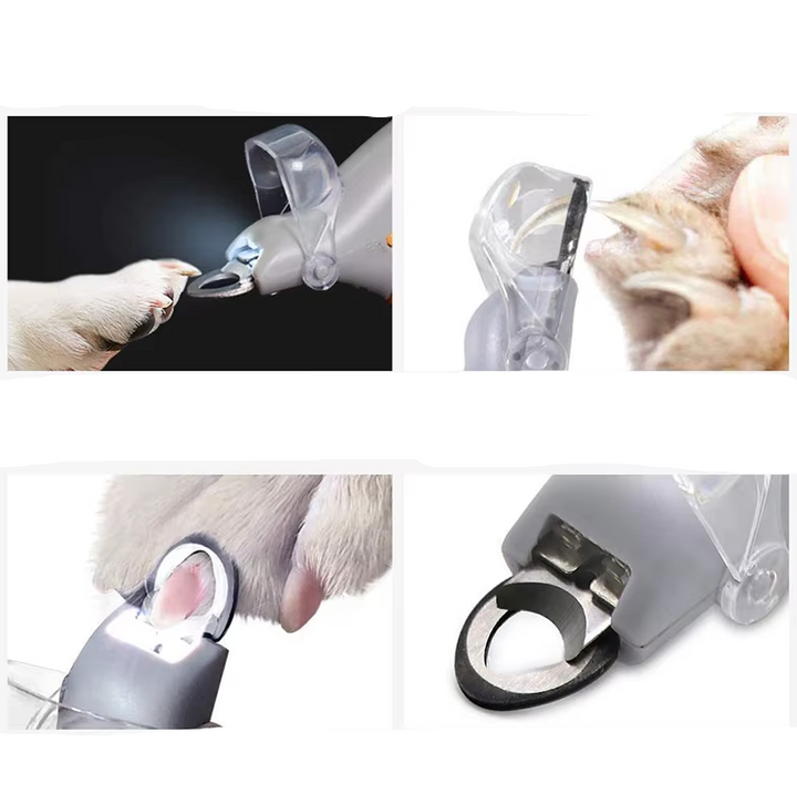 Krallenschneider mit LED-Licht und Vergrößerungsglas für präzise Haustierpflege, Edelstahlklingen, ergonomisches Design.