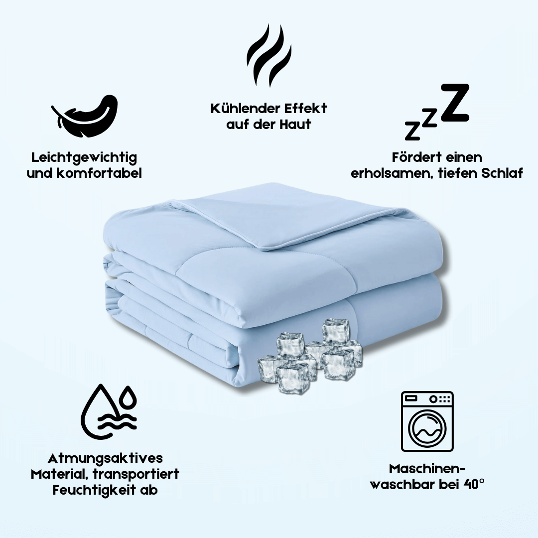 "Kühlende Sommerdecke, atmungsaktive Textur, aquamarin Farbton, sorgt für erholsamen Schlaf in heißen Sommernächten."