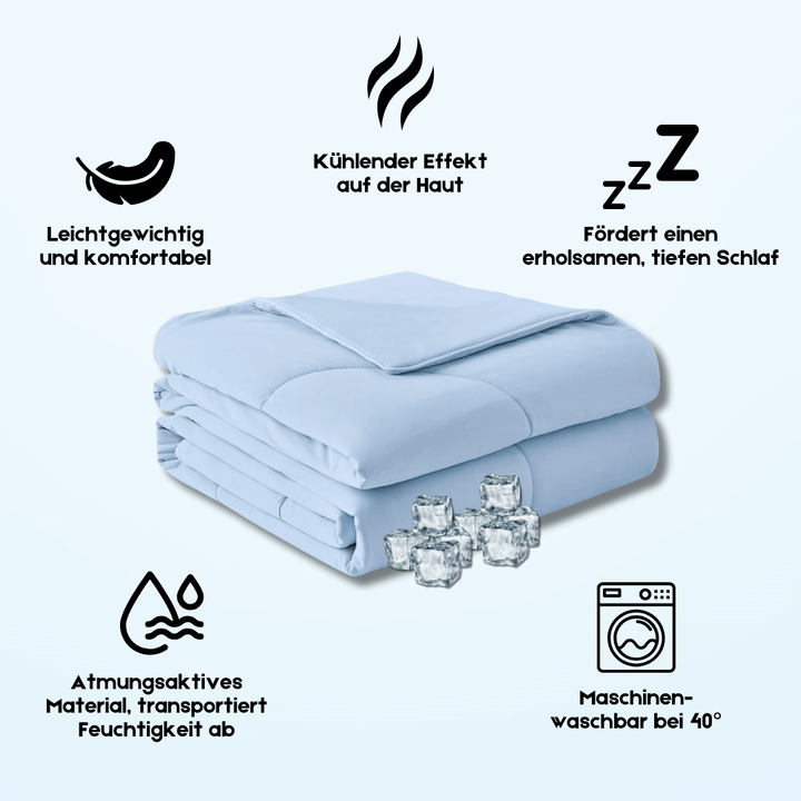 "Kühlende Sommerdecke, atmungsaktive Textur, aquamarin Farbton, sorgt für erholsamen Schlaf in heißen Sommernächten."