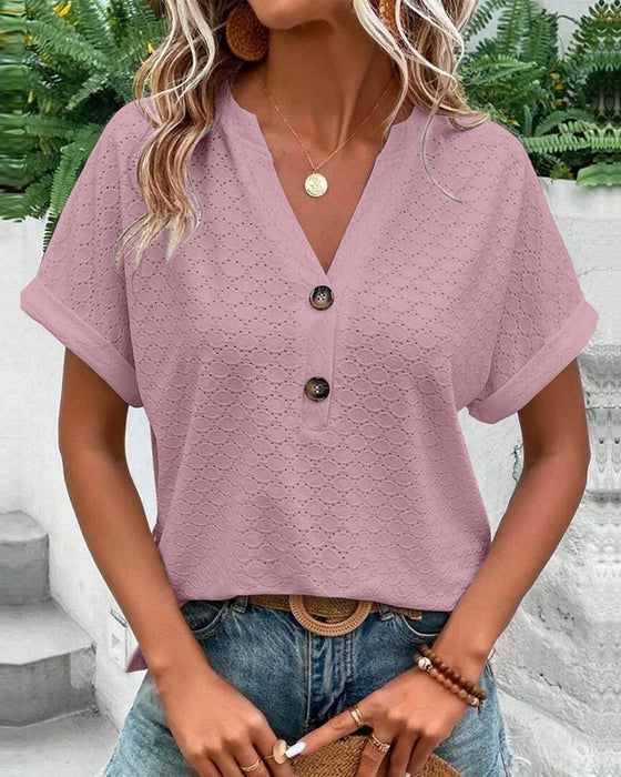 Kurzärmliges Damen V-Ausschnitt Top, elegant, vielseitig kombinierbar, schlichte Farbe, ideal für Büro und Freizeit.
