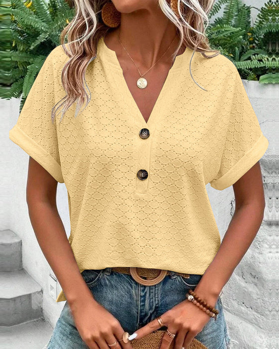 Kurzärmliges Damen V-Ausschnitt Top, elegant, vielseitig kombinierbar, schlichte Farbe, ideal für Büro und Freizeit.