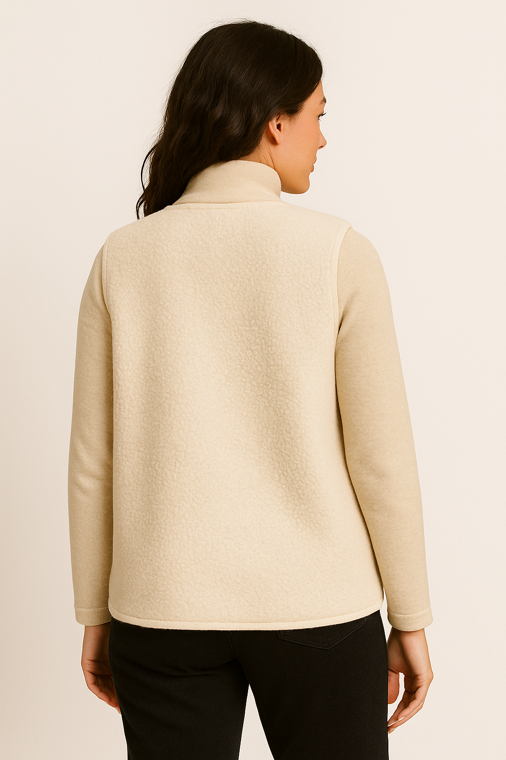 "Kuschelige Damen-Plüschweste in Beige für stilvolle Herbst- und Frühlingslooks, weiches Material, vielseitig kombinierbar."