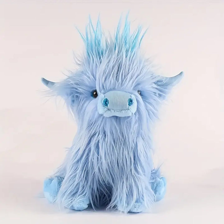 Kuschelkuh Moosie Plüschtier, braun-weiß, weicher Plüsch, inspiriert von Highland-Rindern, ideal für alle Altersgruppen.