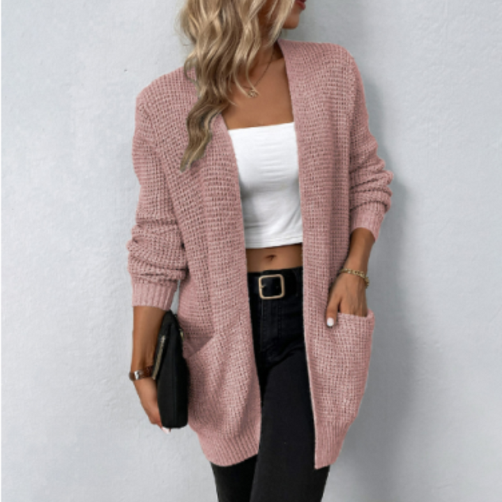 Langärmlige Damenstrickjacke in verschiedenen Farben, stilvoll und warm, ideal für Freizeit und elegante Anlässe.