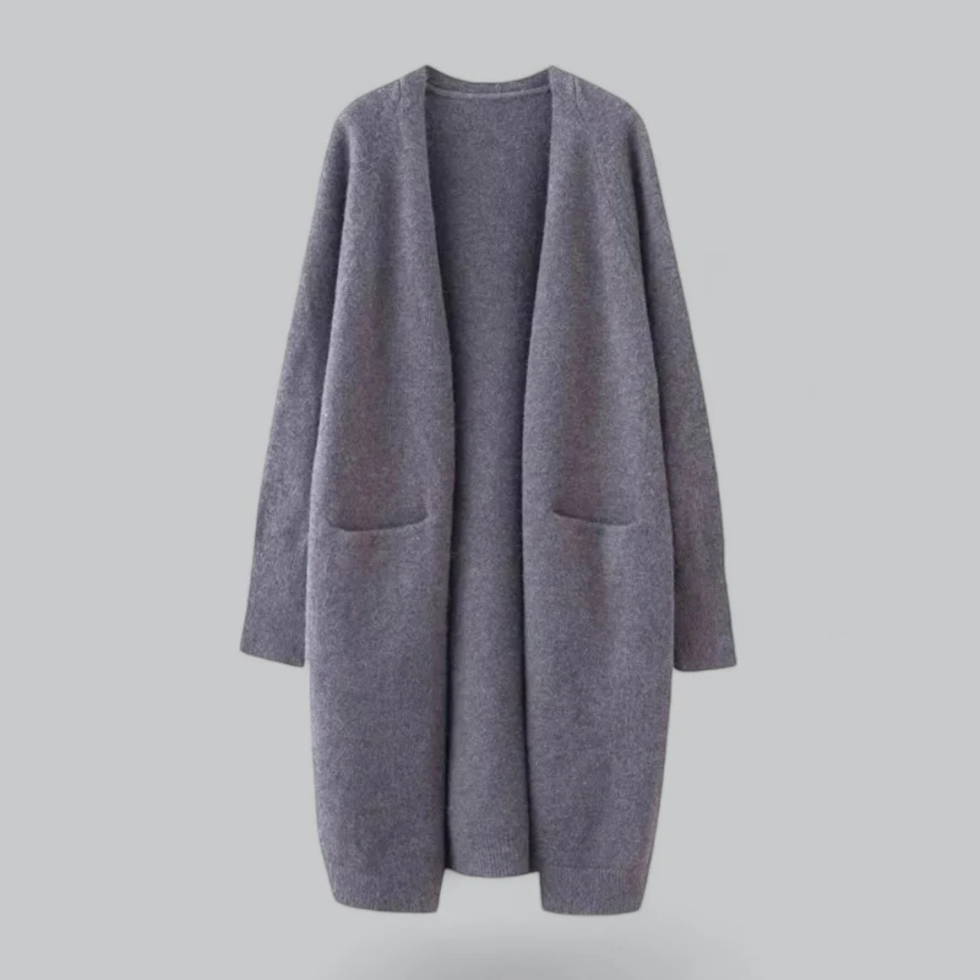 Lange Damen-Strickjacke mit offener Front, fließendem Design in Dunkelgrau, ideal für lässige Eleganz und vielseitige Outfits