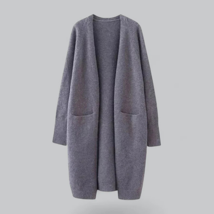Lange Damen-Strickjacke mit offener Front, fließendem Design in Dunkelgrau, ideal für lässige Eleganz und vielseitige Outfits