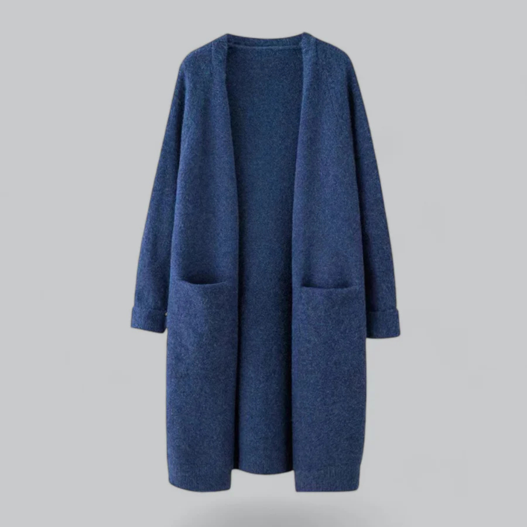 Lange Damen-Strickjacke mit offener Front, fließendem Design in Dunkelgrau, ideal für lässige Eleganz und vielseitige Outfits