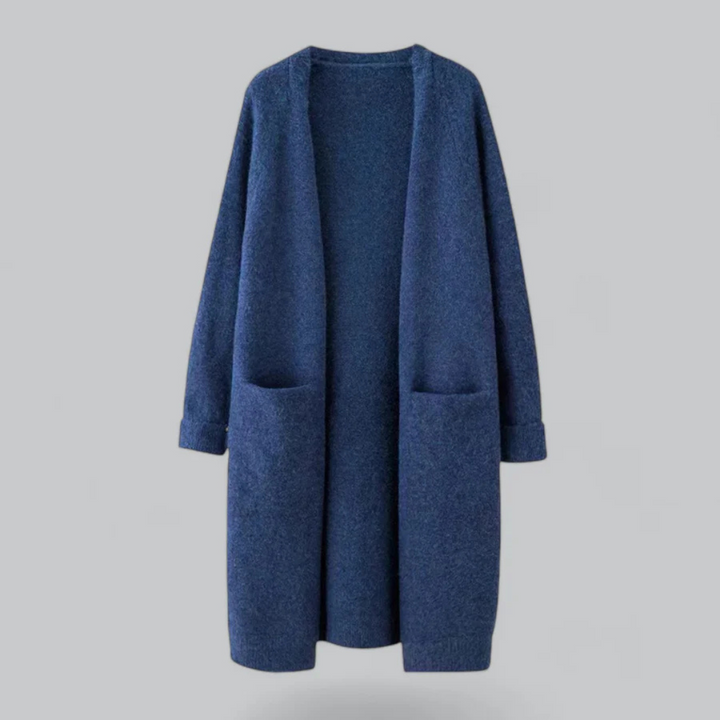 Lange Damen-Strickjacke mit offener Front, fließendem Design in Dunkelgrau, ideal für lässige Eleganz und vielseitige Outfits