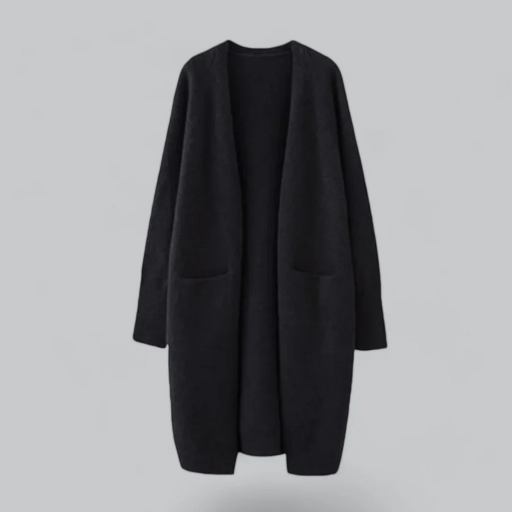 Lange Damen-Strickjacke mit offener Front, fließendem Design in Dunkelgrau, ideal für lässige Eleganz und vielseitige Outfits