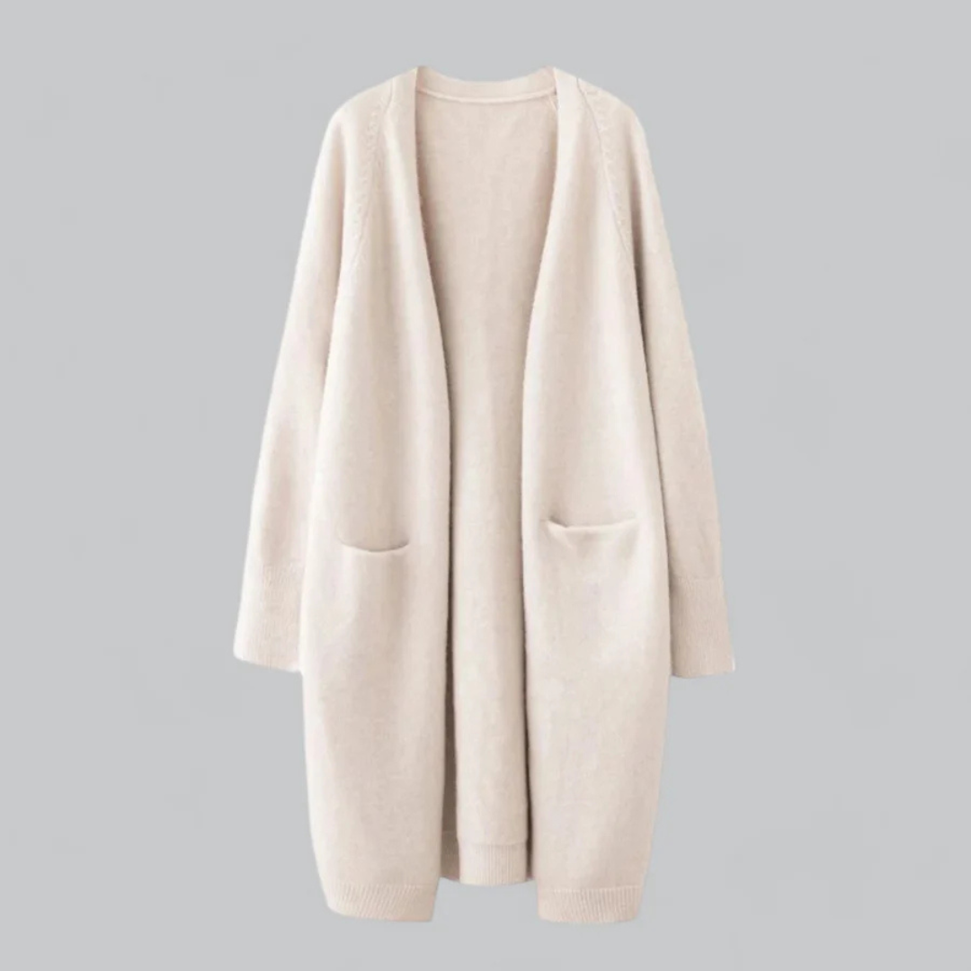 Lange Damen-Strickjacke mit offener Front, fließendem Design in Dunkelgrau, ideal für lässige Eleganz und vielseitige Outfits