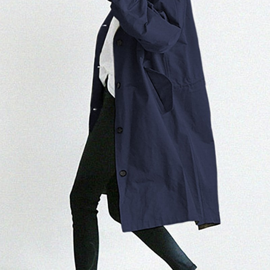 "Langer, eleganter Damen-Trenchcoat, wasserdicht, mit stilvoller Passform in Beige. Ideal für Wintermode und schlechte Wetter