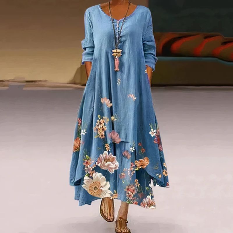 "Langes Damenkleid mit Blumenmuster, langärmlig, fließendes Maxi-Design, feminin, in verschiedenen Farben erhältlich."