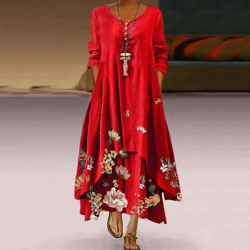 "Langes Damenkleid mit Blumenmuster, langärmlig, fließendes Maxi-Design, feminin, in verschiedenen Farben erhältlich."