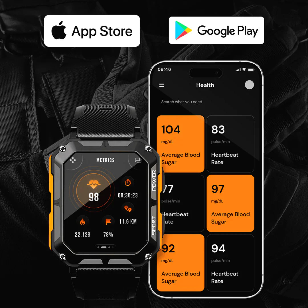 Langlebige militärische Smartwatch mit robustem Design, AMOLED-Display, Titan-Gehäuse und Gesundheitsfunktionen, vor Outdoor-