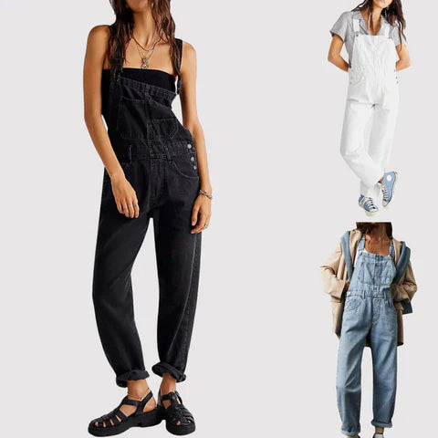 "Lässige Damen-Denim-Latzhose für Sommertage, tiefes Dekolleté, große Taschen, eleganter Haremshosen-Stil."