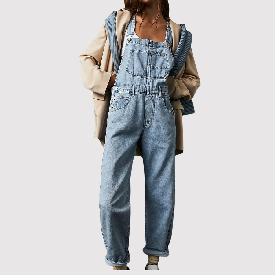 "Lässige Damen-Denim-Latzhose für Sommertage, tiefes Dekolleté, große Taschen, eleganter Haremshosen-Stil."