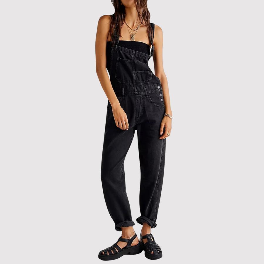 "Lässige Damen-Denim-Latzhose für Sommertage, tiefes Dekolleté, große Taschen, eleganter Haremshosen-Stil."