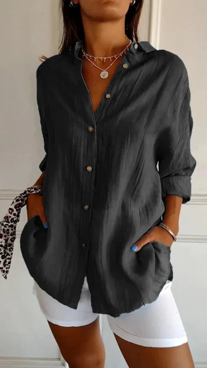 "Lässige Damen Langarm Bluse mit Knopfleiste, lockere Passform, vielseitige Farbe, ideal für Büro und Freizeit."